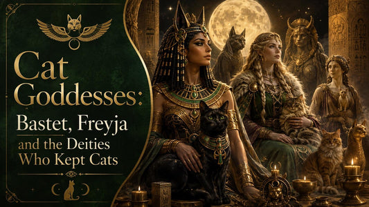 Ancient cat goddesses Bastet and Freyja with sacred cats under a full moon, celebrating feline mythology