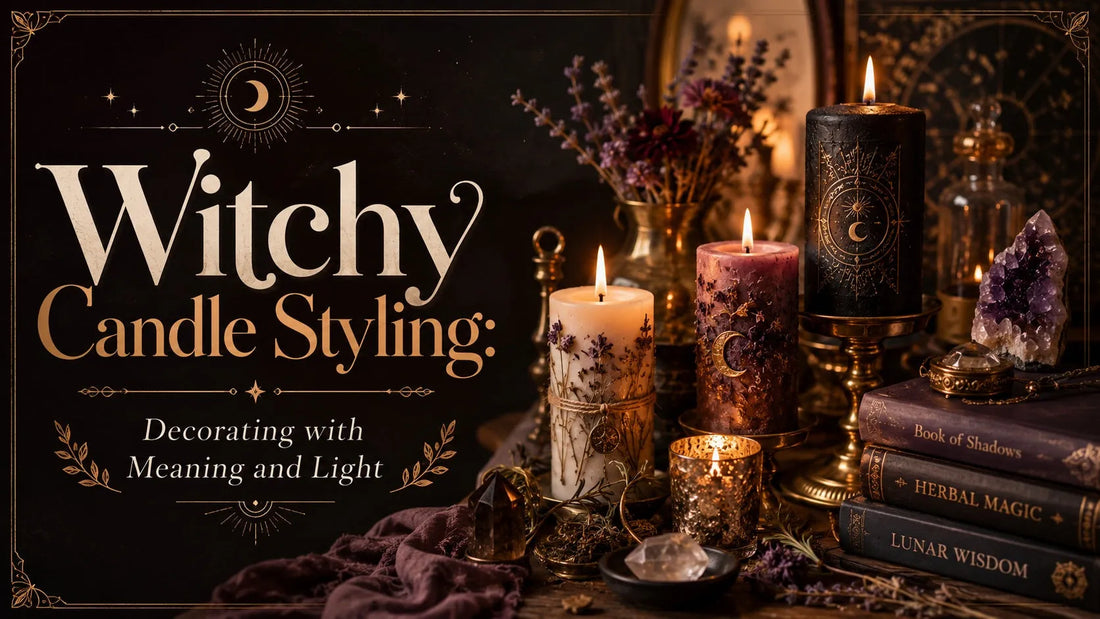 Witchy candle styling with mystical candles, crystals, and magical decor for enchanting home inspiration