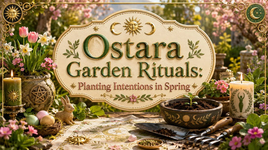 Spring Ostara garden rituals with candles, flowers, and planting tools for setting seasonal intentions