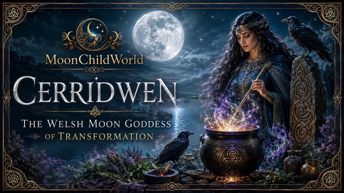 Cerridwen the Welsh moon goddess of transformation conjuring magic under a full moon by a mystical lake