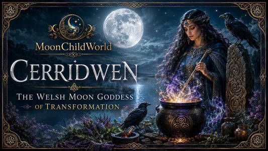 Cerridwen the Welsh moon goddess of transformation conjuring magic under a full moon by a mystical lake