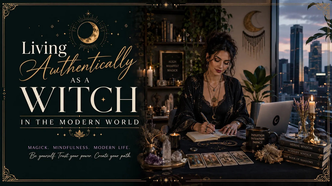 Modern witch practicing authentic living with tarot cards, crystals, and candles in a cozy city apartment