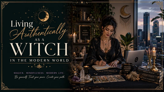 Modern witch practicing authentic living with tarot cards, crystals, and candles in a cozy city apartment