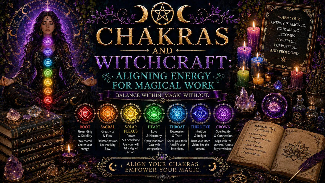 Chakras and witchcraft guide with colorful chakra symbols, magical books, crystals, and candles for aligning energy