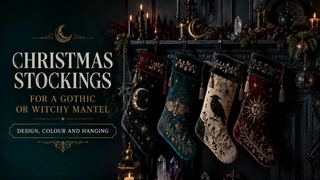 Gothic Christmas stockings with celestial and witchy designs hanging on a dark, festive mantel