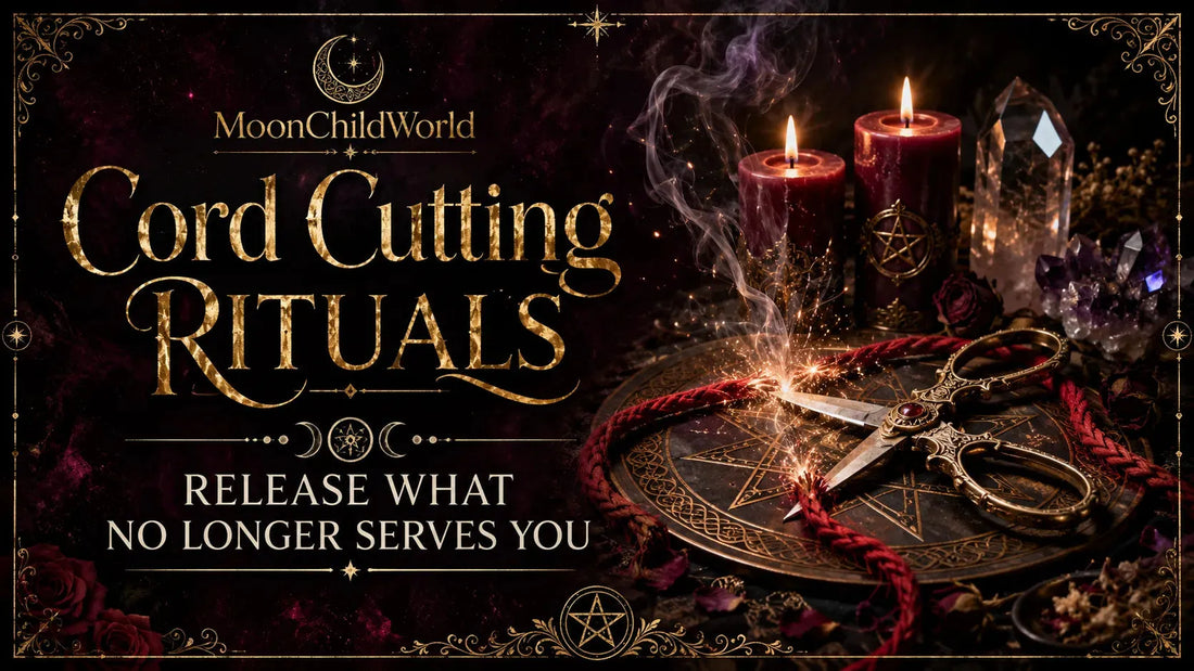 Cord cutting rituals with candles, crystals, and ornate scissors for spiritual release and transformation