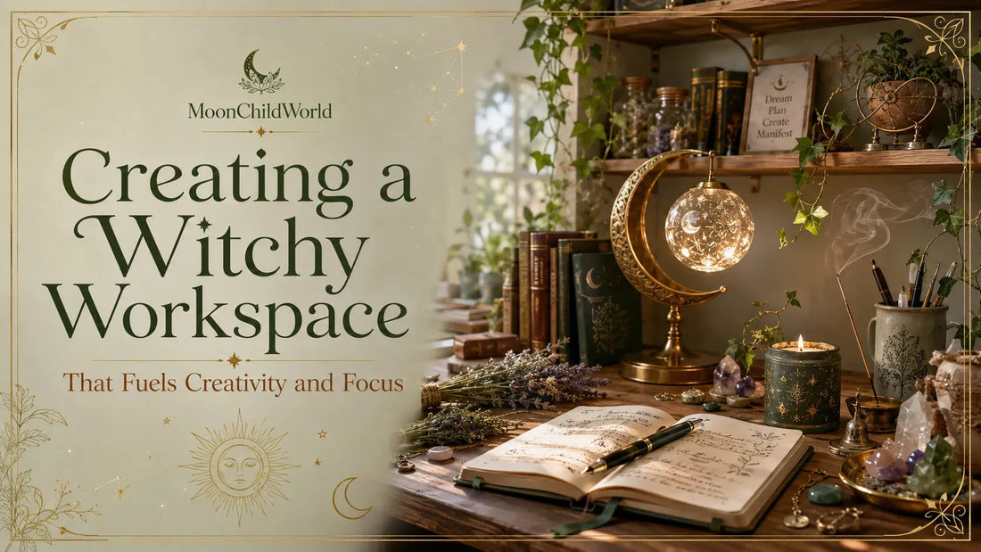 Cozy witchy workspace with magical decor, crystals, and candles to inspire creativity and focus