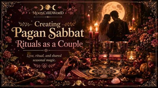 Romantic altar setup for creating pagan sabbat rituals as a couple with candles, flowers, and seasonal magic