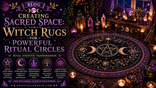 Wiccan round rug with pentacle design creates a mystical pagan ritual space for modern witch or gothic decor