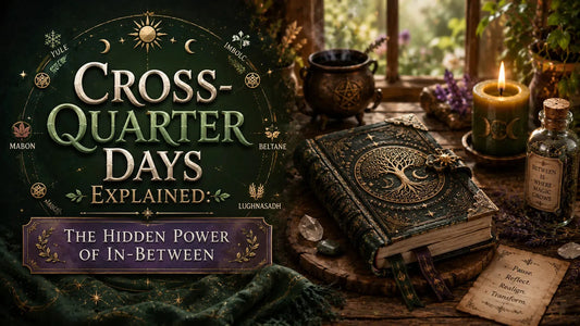 Cross-quarter days explained with mystical symbols, a magical journal, and candlelit ritual atmosphere