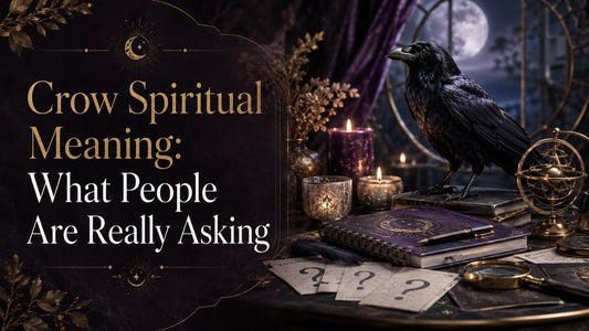 Crow spiritual meaning explored with a mystical crow, candles, and tarot cards under a full moon