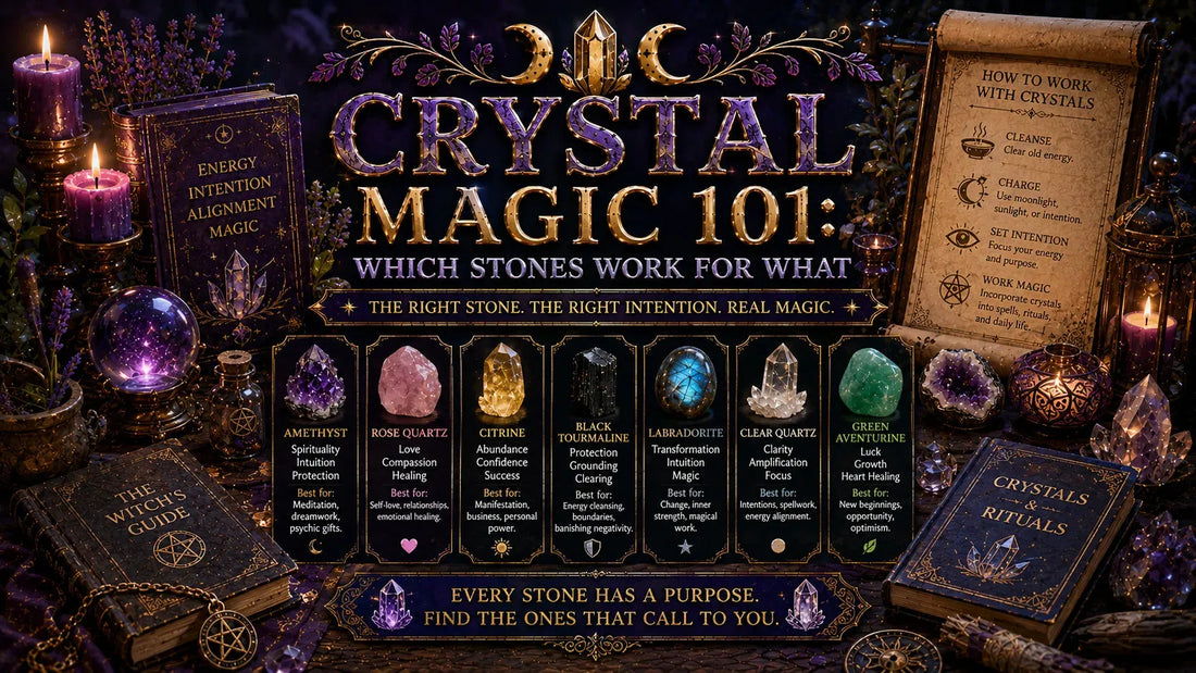 Crystal magic 101 guide with illustrated crystals, candlelight, and tips for using stones in spiritual rituals