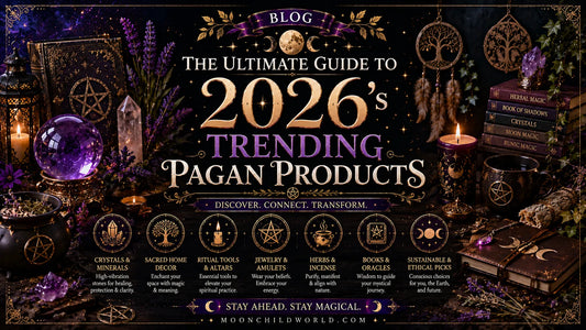 Mystical altar with crystals, candles, and pagan ritual accessories featuring trending wicca new jewelry for 2026