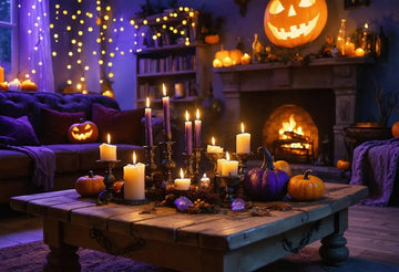 Magical halloween decor with glowing candles, pumpkins, and twinkle lights for a cozy, enchanting vibe