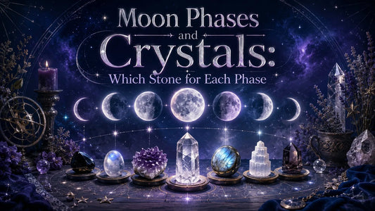 Moon phases and crystals displayed with matching stones for each lunar phase in a mystical setting