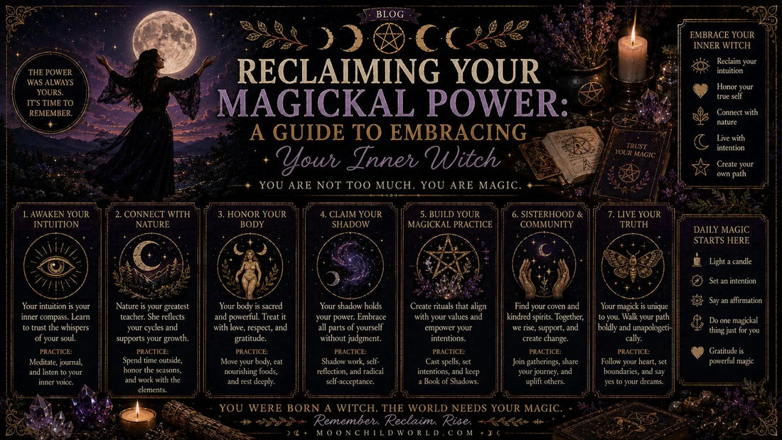 Witch standing under a full moon with mystical symbols, embracing your magickal power and inner witch guidance
