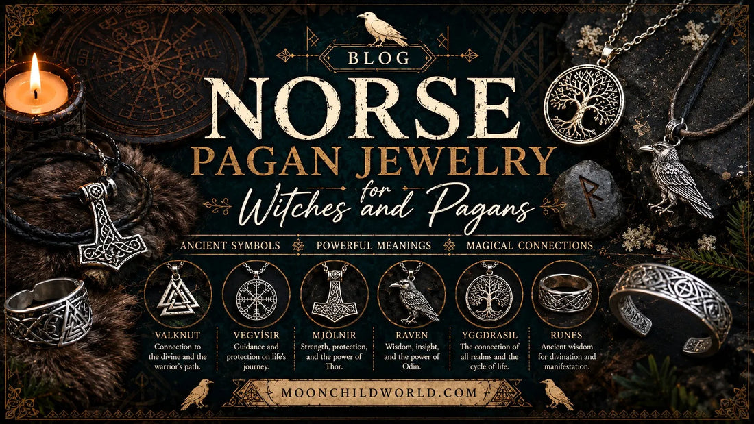 Norse pagan altar with rune jewelry, crystals, and ritual tools for modern witchcraft and spiritual decor