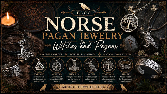 Norse pagan altar with rune jewelry, crystals, and ritual tools for modern witchcraft and spiritual decor