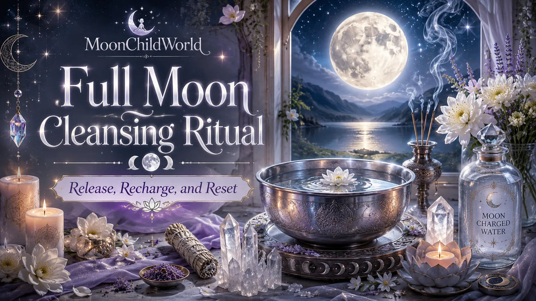 Full moon cleansing ritual setup with crystals, candles, and moon charged water for spiritual renewal