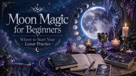 Moon magic for beginners altar setup with candles, crystals, tarot cards, and a mystical full moon background