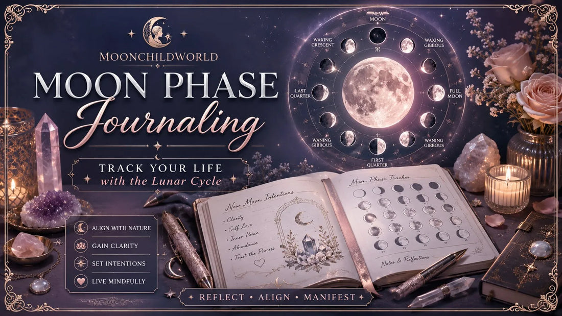 Moon phase journaling setup with crystals, candles, and a lunar cycle tracker for mindful reflection
