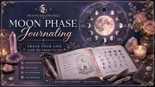 Moon phase journaling setup with crystals, candles, and a lunar cycle tracker for mindful reflection