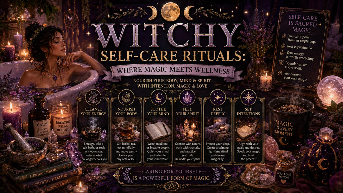 Woman practicing witchy self-care rituals in a magical candlelit bath with crystals and herbal wellness items