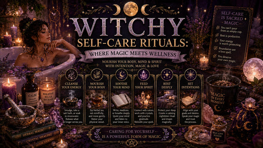 Woman practicing witchy self-care rituals in a magical candlelit bath with crystals and herbal wellness items