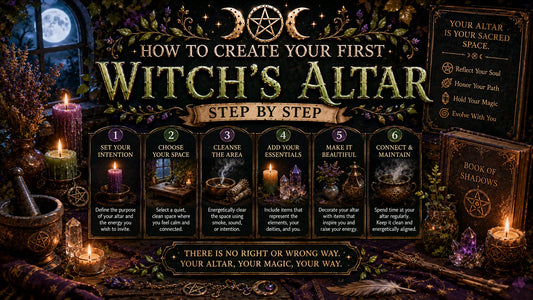 Witch’s altar setup guide with candles, crystals, and step-by-step instructions for creating a magical sacred space
