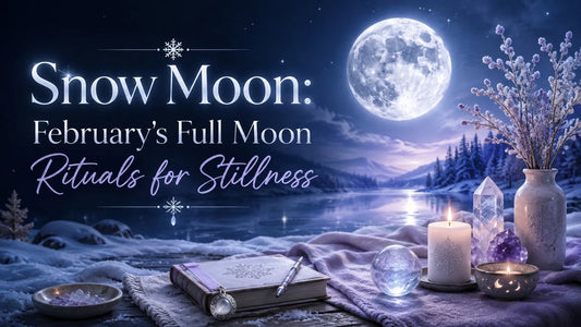 Snow moon rituals for stillness with crystals, candles, and a journal under a serene winter full moon