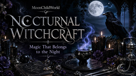 Nocturnal witchcraft altar with candles, crystals, and a raven under the full moon for magical night rituals