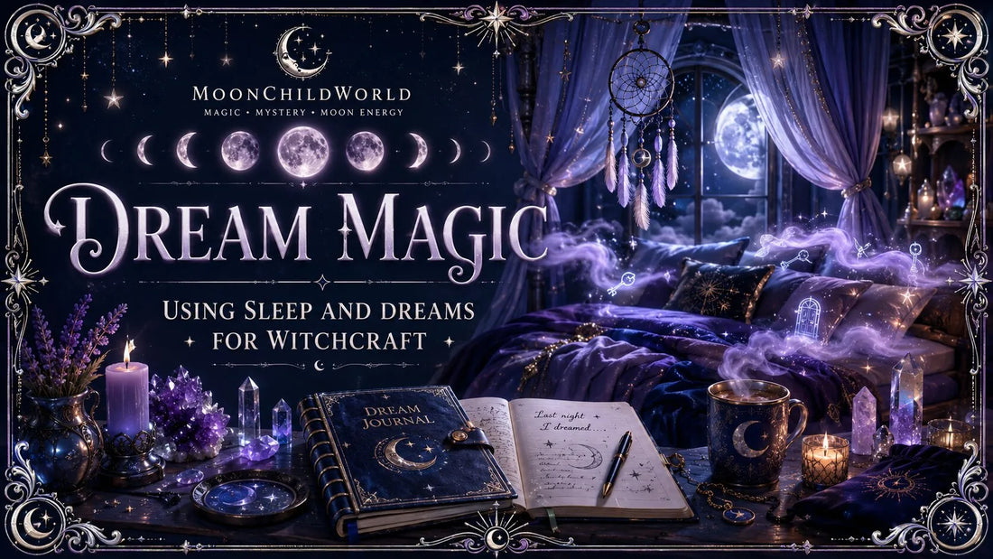 Dream magic ritual setup with moonlit bedroom, dream journal, crystals, and mystical symbols for witchcraft inspiration
