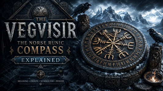 Ancient Vegvisir Norse runic compass surrounded by ravens and snowy mountains, symbolism and meaning explained
