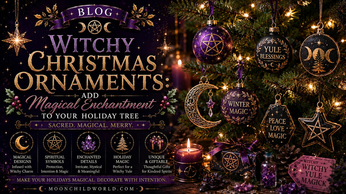 Witchy Christmas ornaments featuring pentacles, moons, and mystical symbols on a cozy, candlelit tree for magical decor