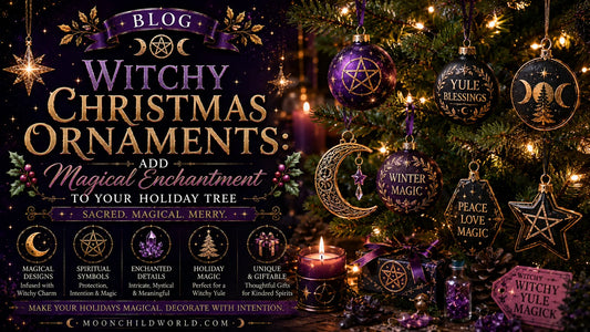Witchy Christmas ornaments featuring pentacles, moons, and mystical symbols on a cozy, candlelit tree for magical decor