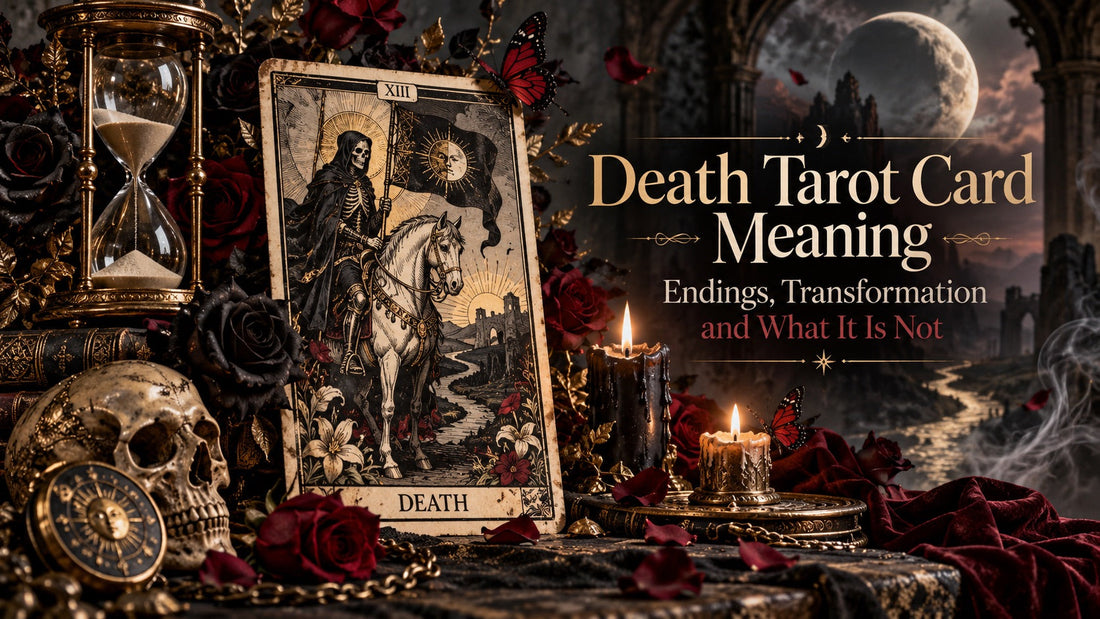 Death tarot card XIII with a skeleton rider on a white horse, surrounded by dark roses, candles and an hourglass