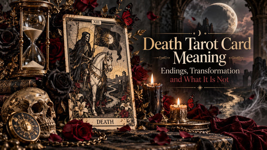 Death tarot card XIII with a skeleton rider on a white horse, surrounded by dark roses, candles and an hourglass