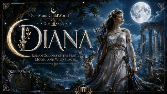 Diana Roman goddess of the hunt stands with deer and bow under a full moon in ancient ruins