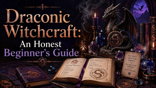 Draconic witchcraft beginner’s guide with mystical dragon statue, spell books, crystals, and candlelit altar setup
