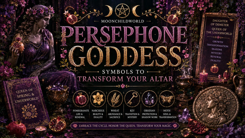 Persephone goddess altar inspiration with mystical symbols, crystals, and pomegranates for spiritual transformation