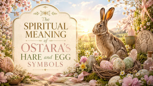 Ostara hare and egg symbols surrounded by spring flowers, celebrating spiritual meaning and renewal