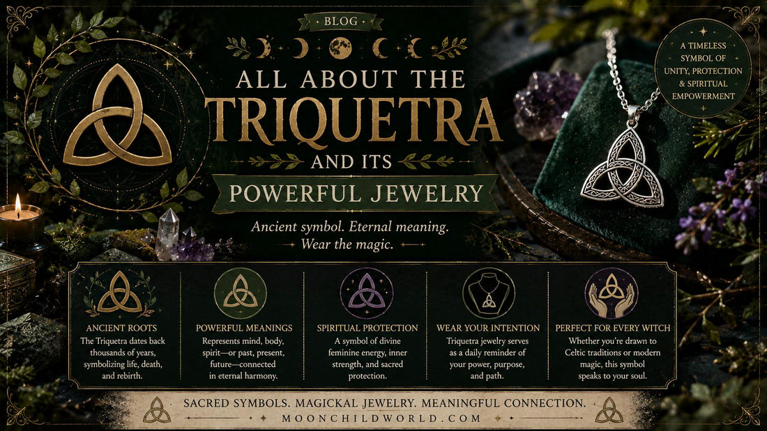 Triquetra jewelry displayed with crystals and candles, highlighting the symbol’s spiritual power and ancient meaning