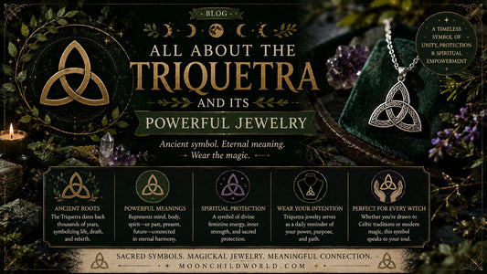 Triquetra jewelry displayed with crystals and candles, highlighting the symbol’s spiritual power and ancient meaning