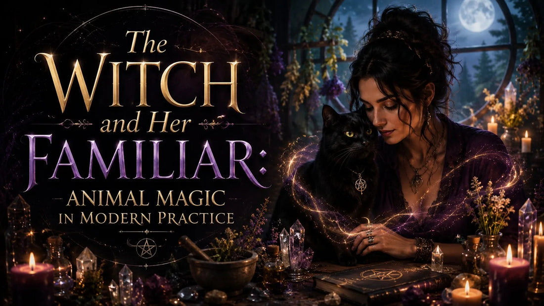 A witch and her black cat familiar practicing animal magic by candlelight in a mystical setting