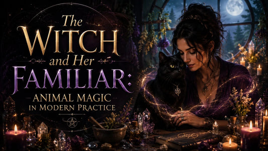 A witch and her black cat familiar practicing animal magic by candlelight in a mystical setting