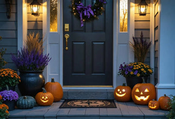 Enchanting porch with Wicca and Witch Door Mat, gothic Halloween pumpkins, and mystical home decor ideas