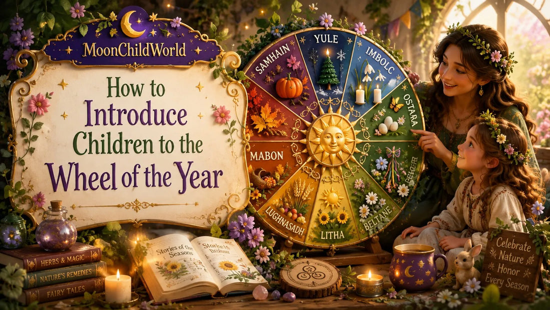 Mother and child exploring the wheel of the year with seasonal symbols and nature celebration activities