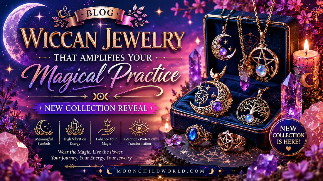 Wiccan pagan jewelry and accessories featuring witchcraft jewelry with crystals, moons, and pentacle designs for magical practice