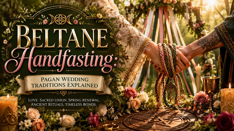 Beltane handfasting ceremony with intertwined hands, floral decorations, and pagan wedding symbols