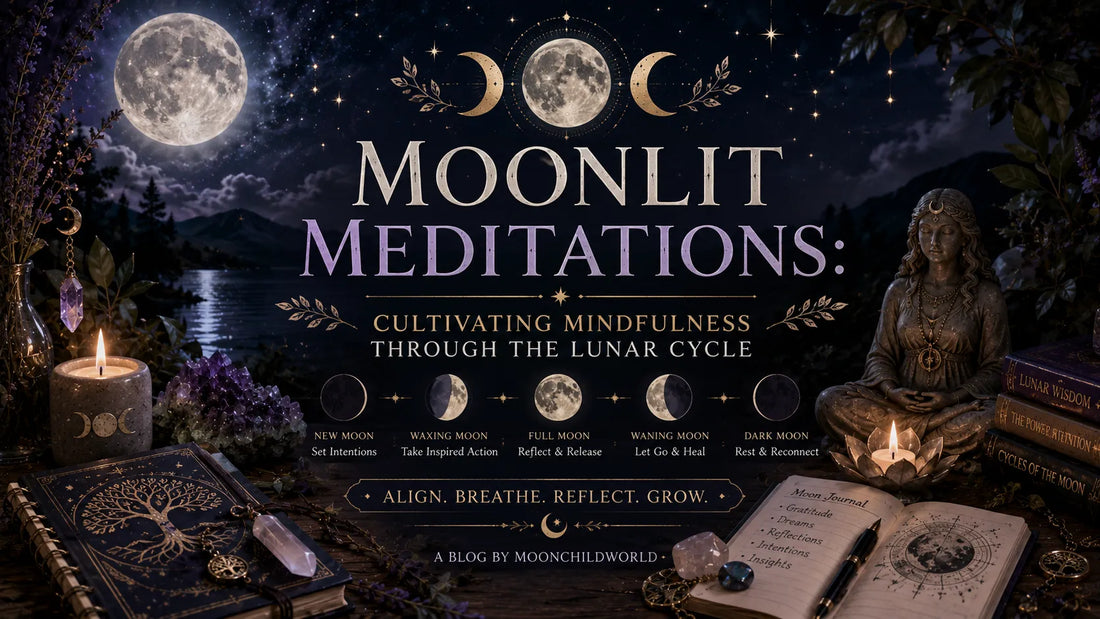 Moonlit meditations guide for cultivating mindfulness with crystals, candles, and lunar journal under a full moon